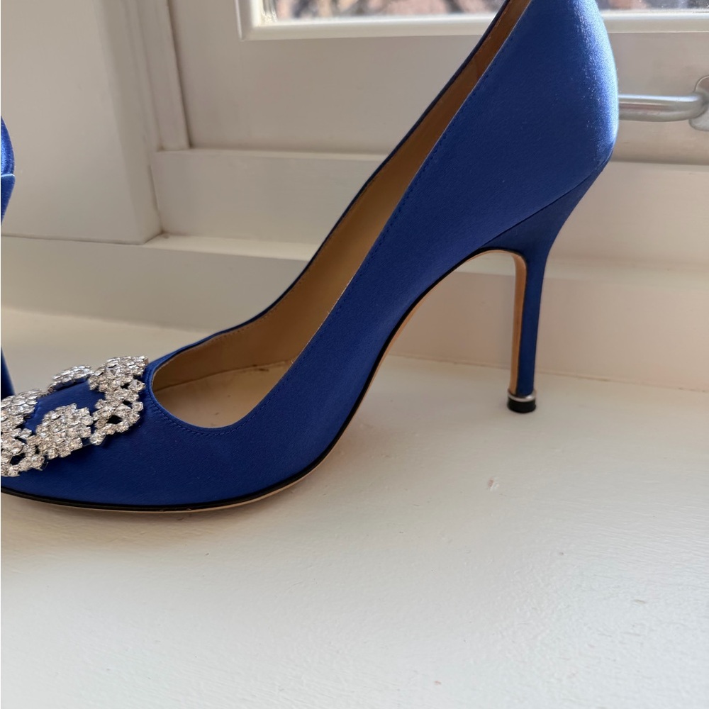 Manolo Blahnik Blue Satin Pumps with Crystal Embellishments - Picture 4 of 6